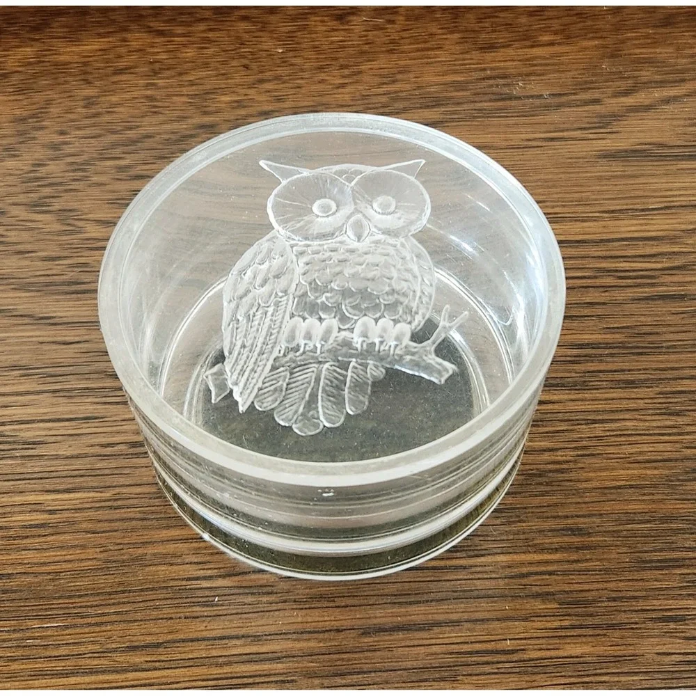 Vintage Round Clear Lucite Intalgio Owl Lidded Trinket Box Dish
